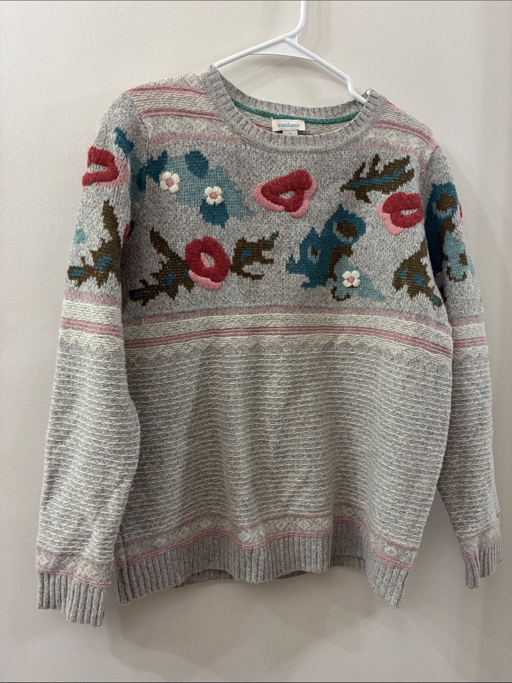 Sundance Heather Gray Floral Knit Sweater - Women's small - wool blend